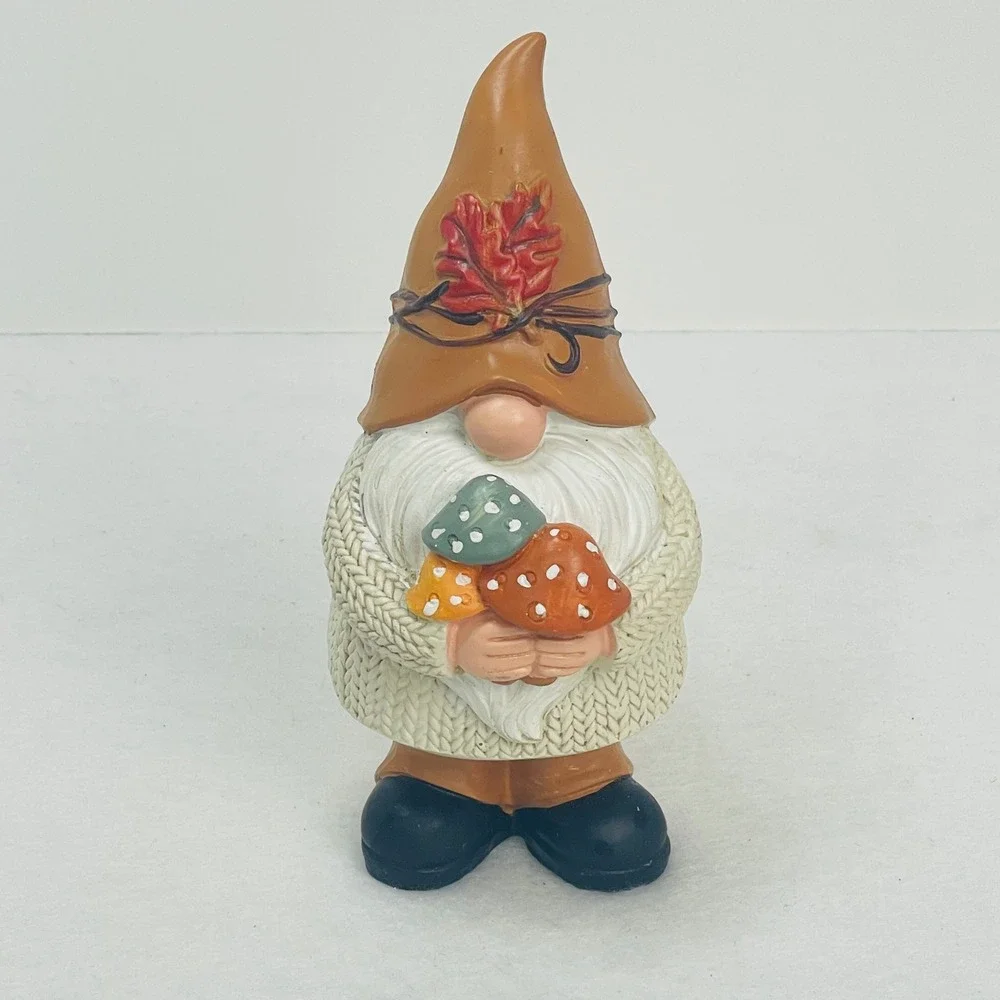 Fall Gnome Figurine Autumn Decor Cable Knit Sweater Mushrooms Brown Hat 6.5 Inch